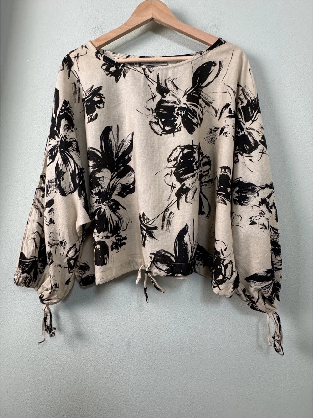 bryn Walker Cream Top with Bold Black Floral Print